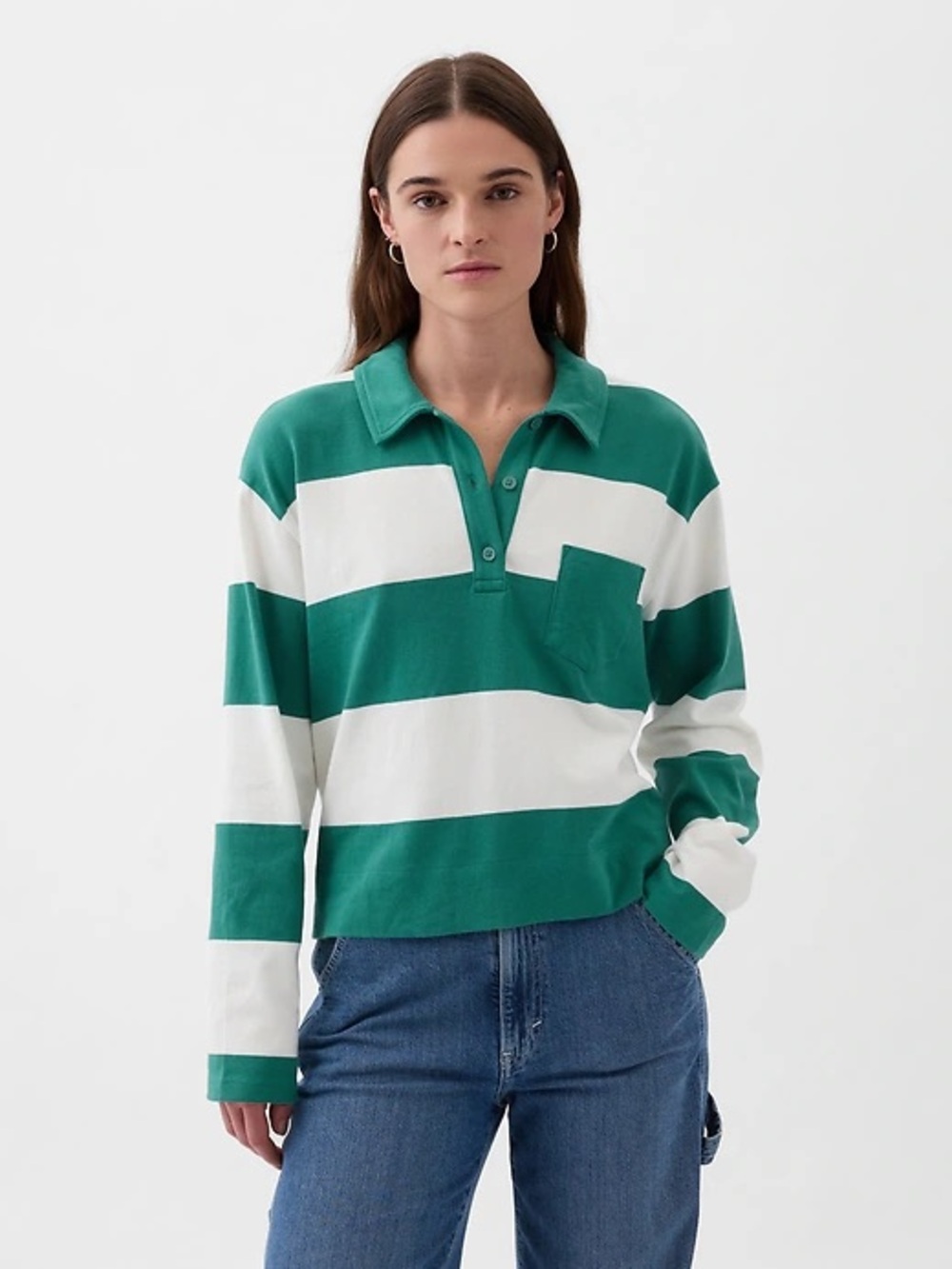 GAP Women’s Longsleeve Boxy Crop Stripe Rugby Polo Shirt Green White Medium NWOT
